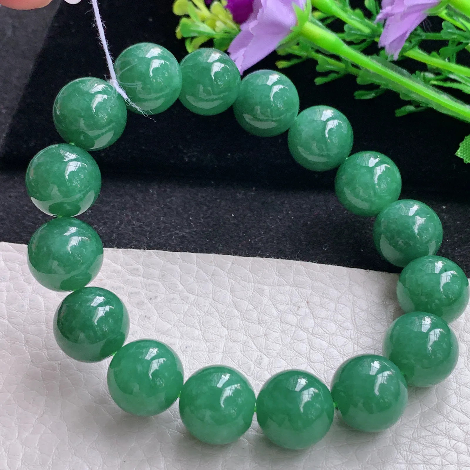 ss自然光14mm天然缅甸翡翠a货满绿水润圆珠玉手链  玉手串 16颗