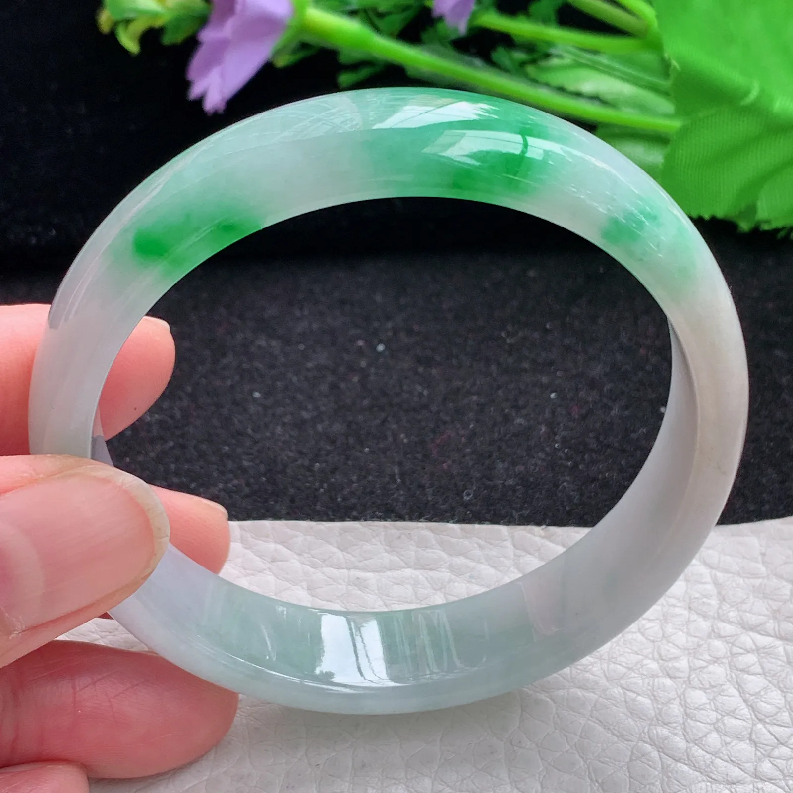 yh自然光58*13.8*6.3平安镯 缅甸翡翠a货玉手镯飘阳绿宽边玉手环