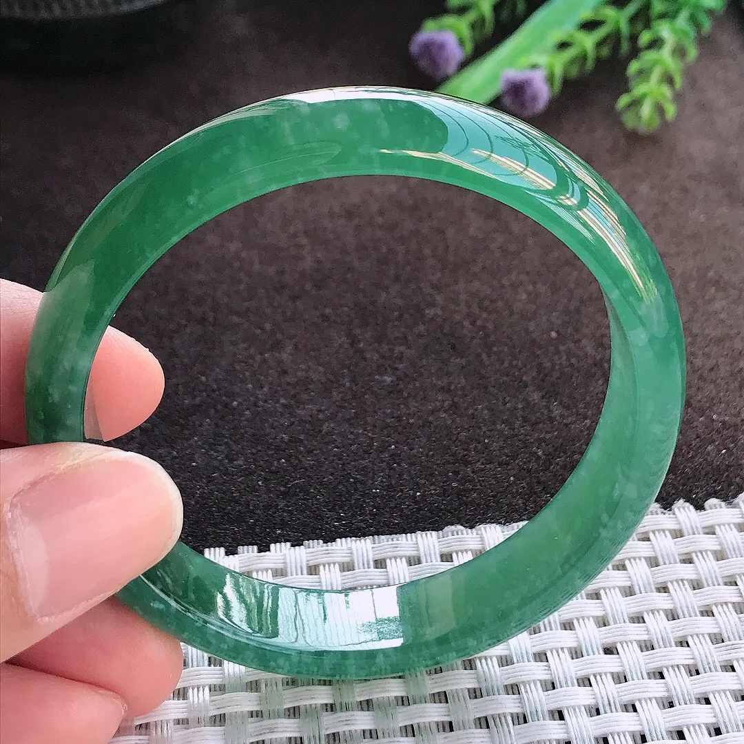 天然A货翡翠55.5/12.3/6.2老坑冰胶满色蓝韵手镯宽边玉手镯