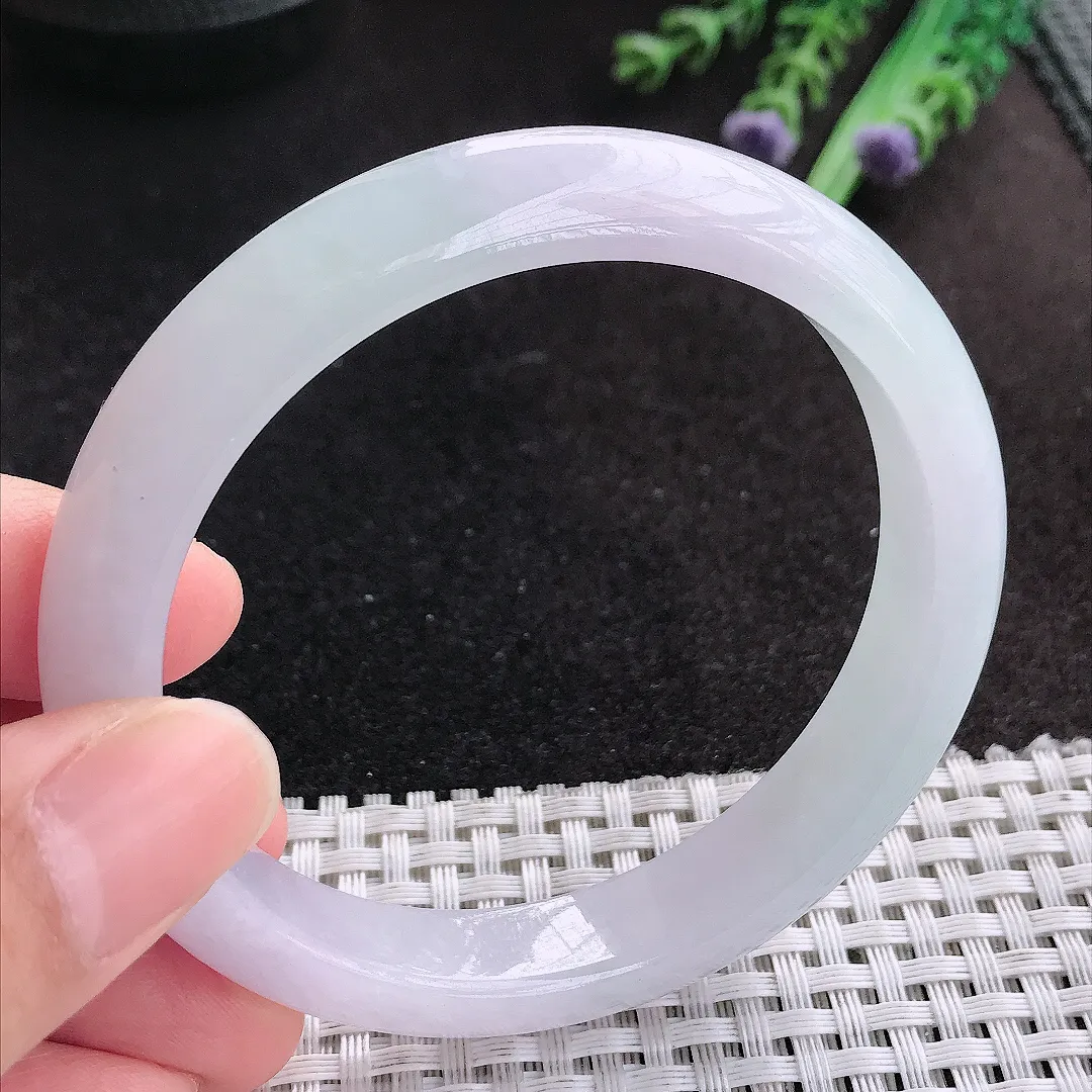 天然A货翡翠59/11.7/8老坑冰纯果冻胶淡雅紫罗兰手镯宽边玉手镯