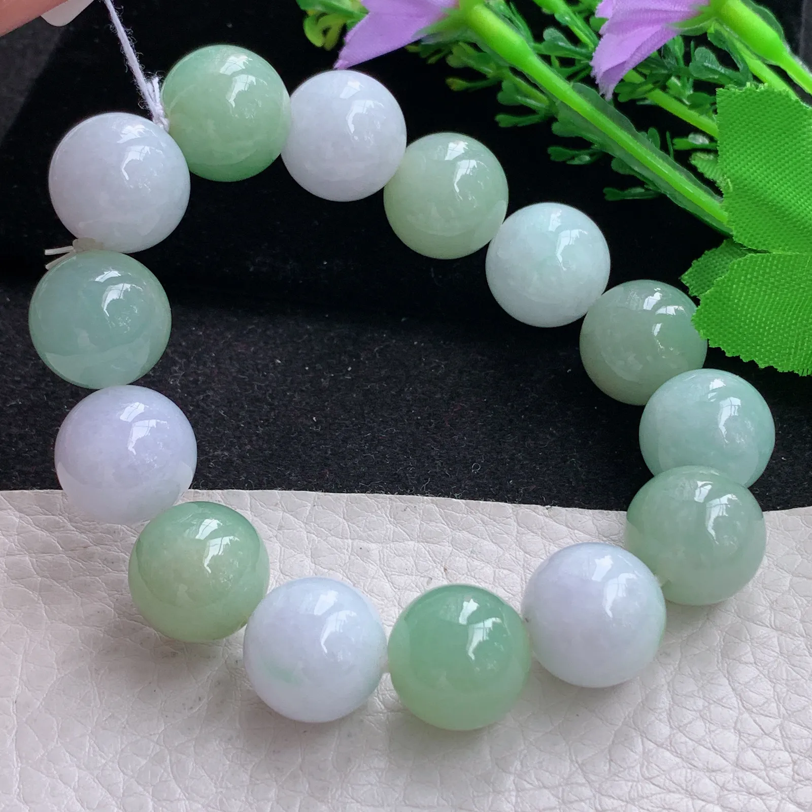 ss自然光15.4mm天然缅甸翡翠双彩大颗粒15.4mm圆珠玉手链  玉手串 14颗