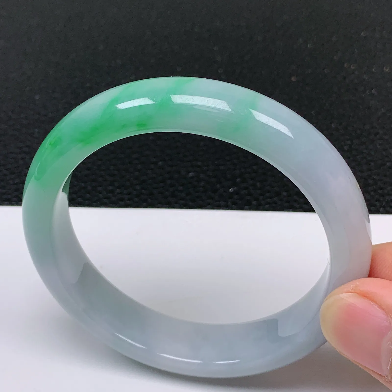 54圈口 天然翡翠A货老坑冰润春彩飘阳绿正圈手镯