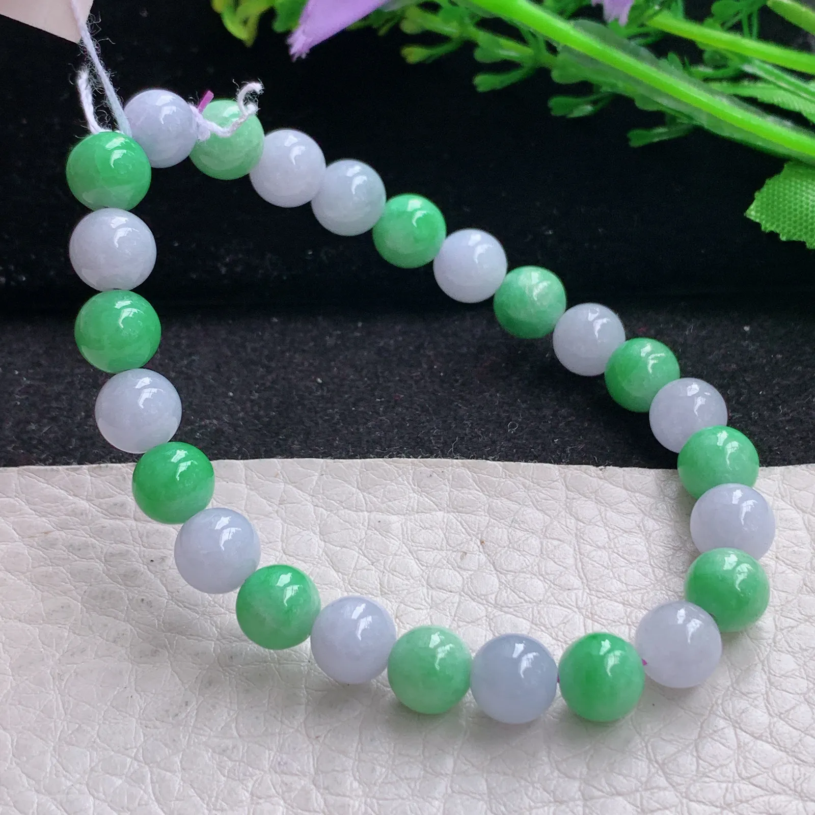 ss自然光7.7mm天然缅甸翡翠a货紫加绿别致圆珠玉手链  玉手串 25颗