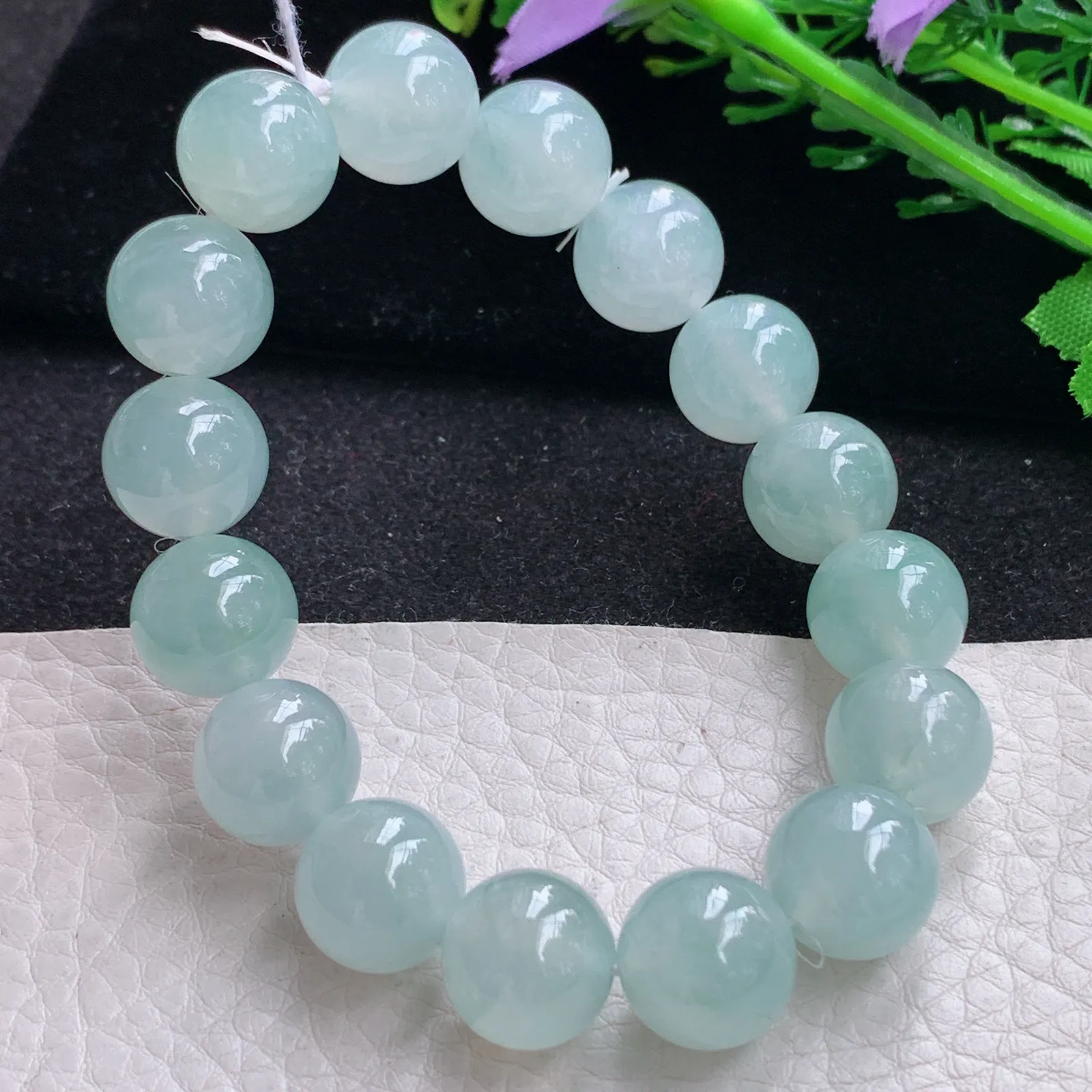 ss自然光12.6mm天然缅甸翡翠冰透晴水圆珠玉手链  玉手串 16颗