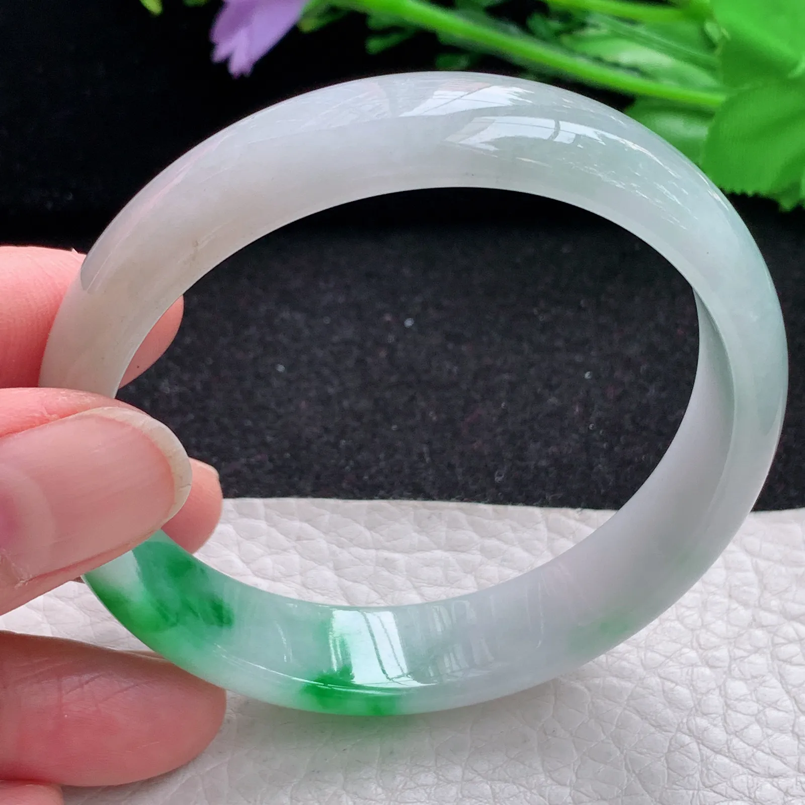 yh自然光58*13.8*6.3平安镯 缅甸翡翠a货玉手镯飘阳绿宽边玉手环