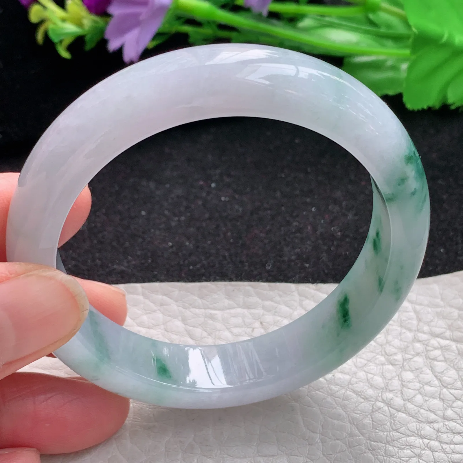 mq自然光55*13.3*8平安镯 缅甸翡翠a货玉手镯冰飘花宽边玉手环