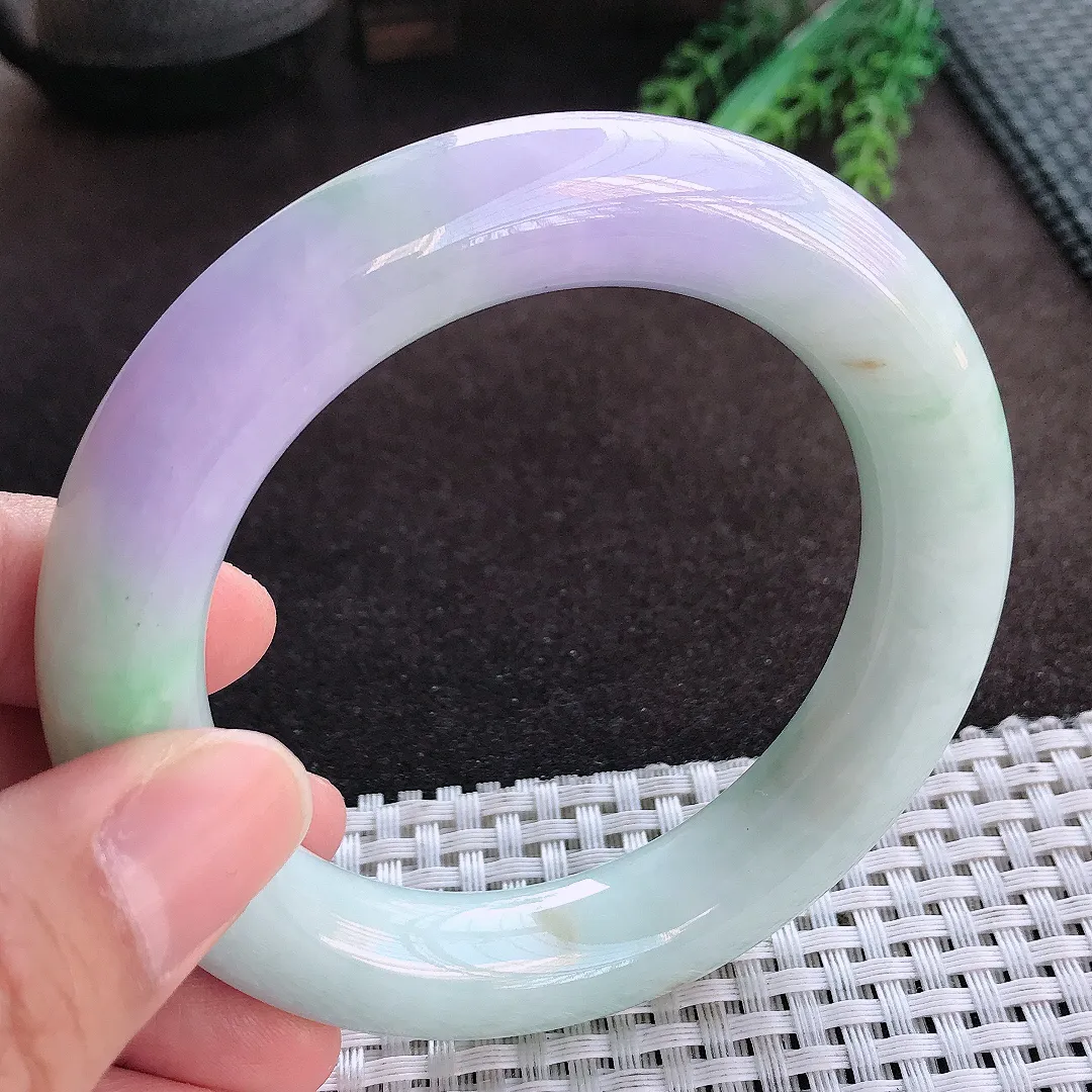 天然A货翡翠57/12.4老坑精美温润紫罗兰胖圆条手镯玉手镯