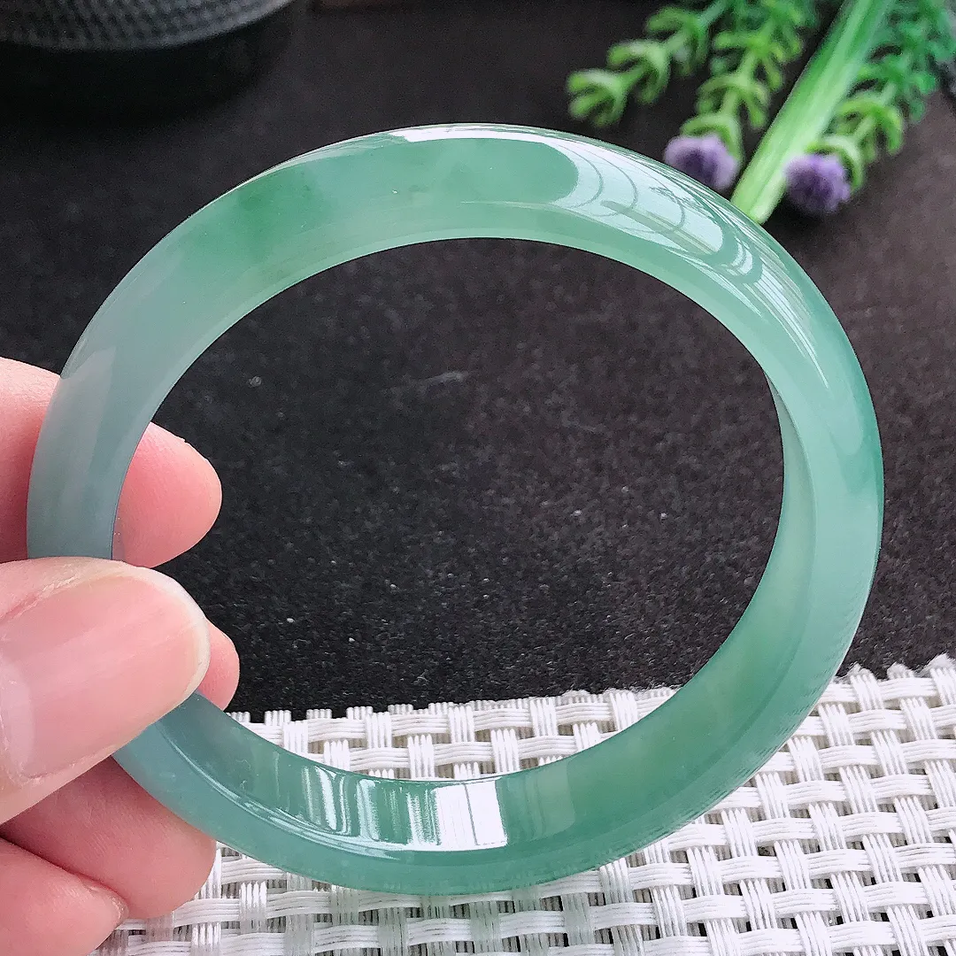 天然A货翡翠57/11.8/7.3老坑冰胶果冻满色冰蓝手镯宽边玉手镯