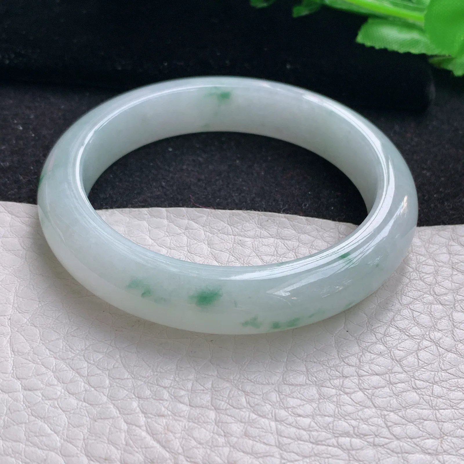 hf自然光53.5*11.3*8.5平安镯 缅甸翡翠a货玉手镯冰飘花清爽宽边玉手环