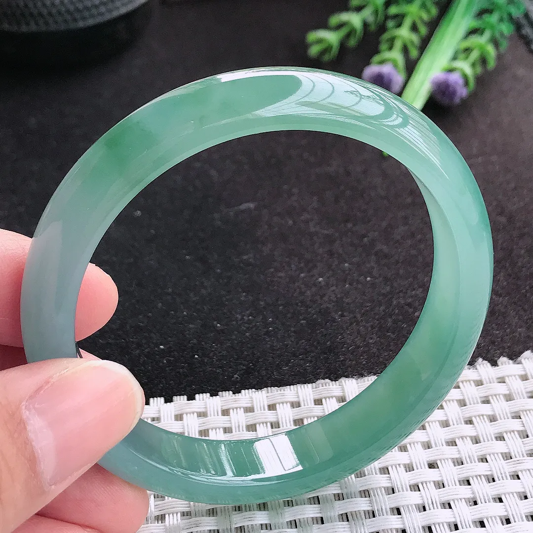 天然A货翡翠57/11.8/7.3老坑冰胶果冻满色冰蓝手镯宽边玉手镯