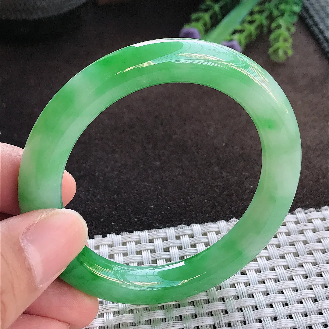 天然A货翡翠52.5/9.3/9.9老坑精美冰润辣阳绿满绿圆条手镯玉手镯