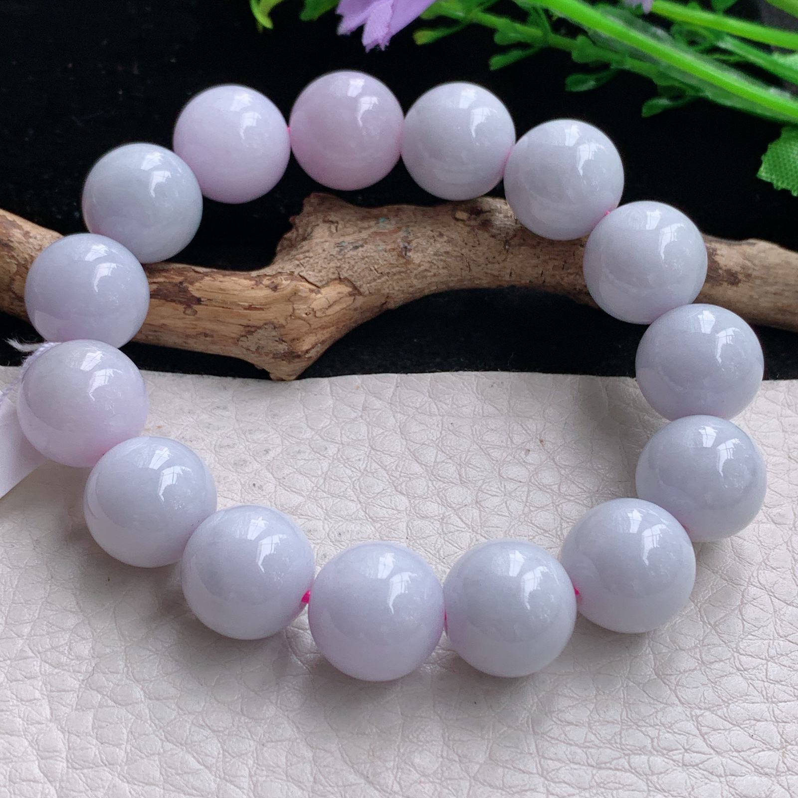 ss自然光13.3mm天然缅甸翡翠a货淡紫水润圆珠玉手链  玉手串