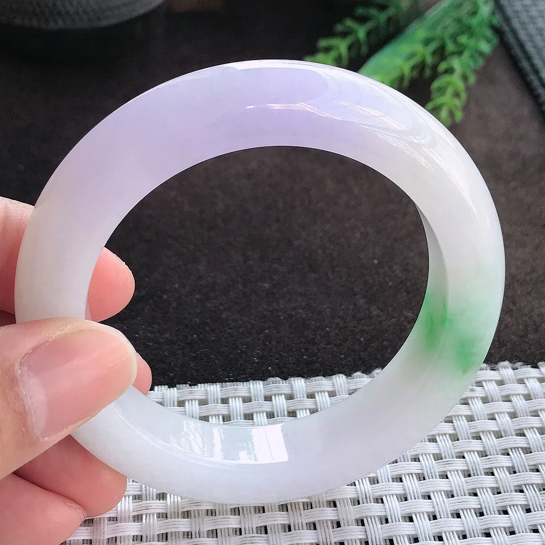 天然A货翡翠55/12.6/10.3老坑冰润起胶春带彩手镯宽边玉手镯