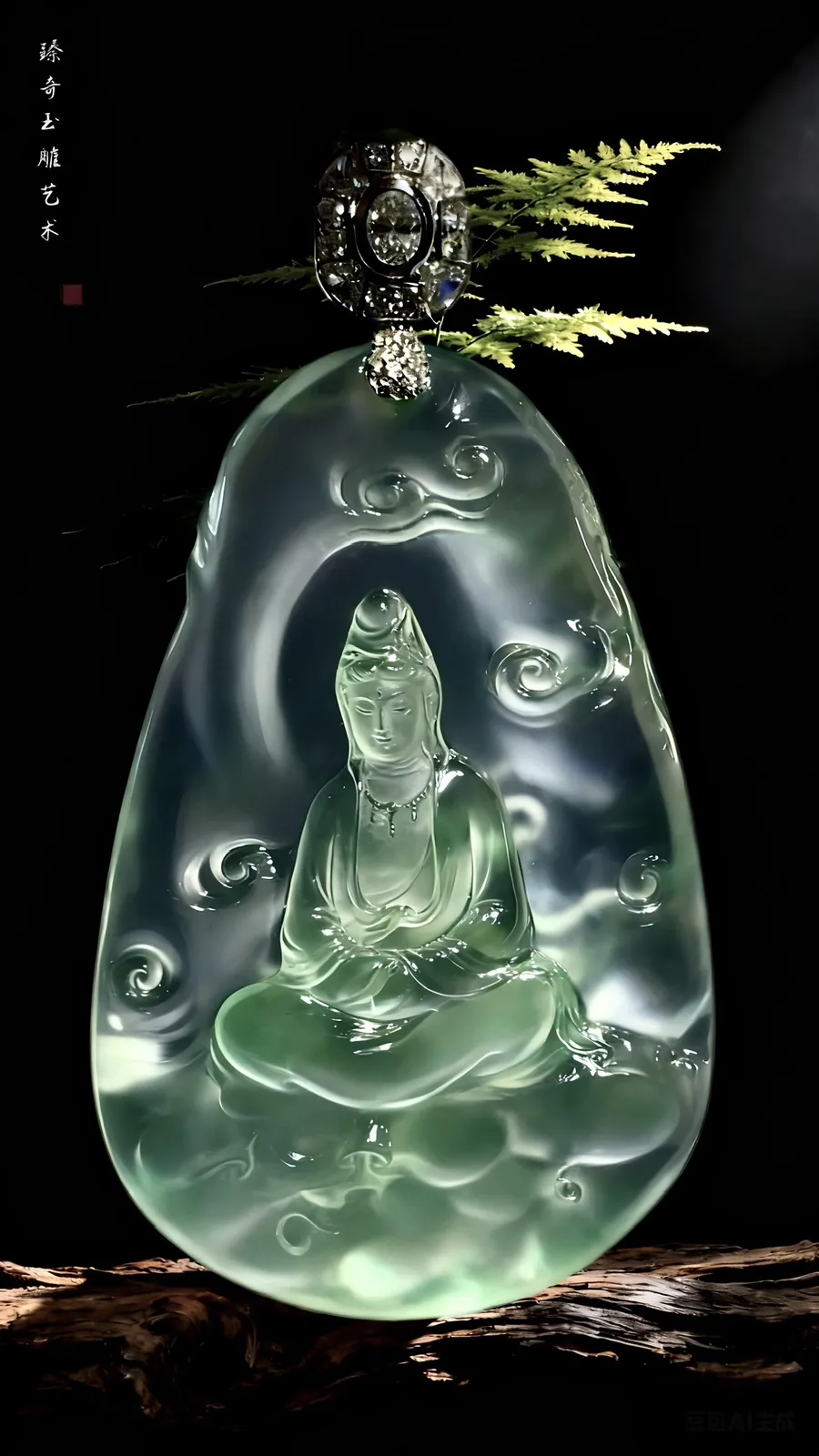【观自在】，观音菩萨，
臻奇玉雕艺术。
玻璃种翡翠稀有料子。
作品裸石61.5-39.5-9mm，
18K金，南非钻，39.03g，
