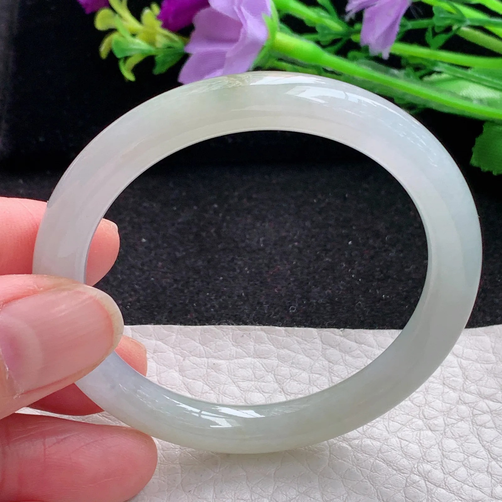 n小圈口50*7.7*7.3叮当镯 缅甸翡翠a货玉手镯冰润双彩圆条美人镯