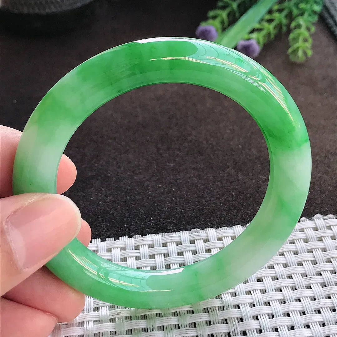 天然A货翡翠52.5/9.3/9.9老坑精美冰润辣阳绿满绿圆条手镯玉手镯