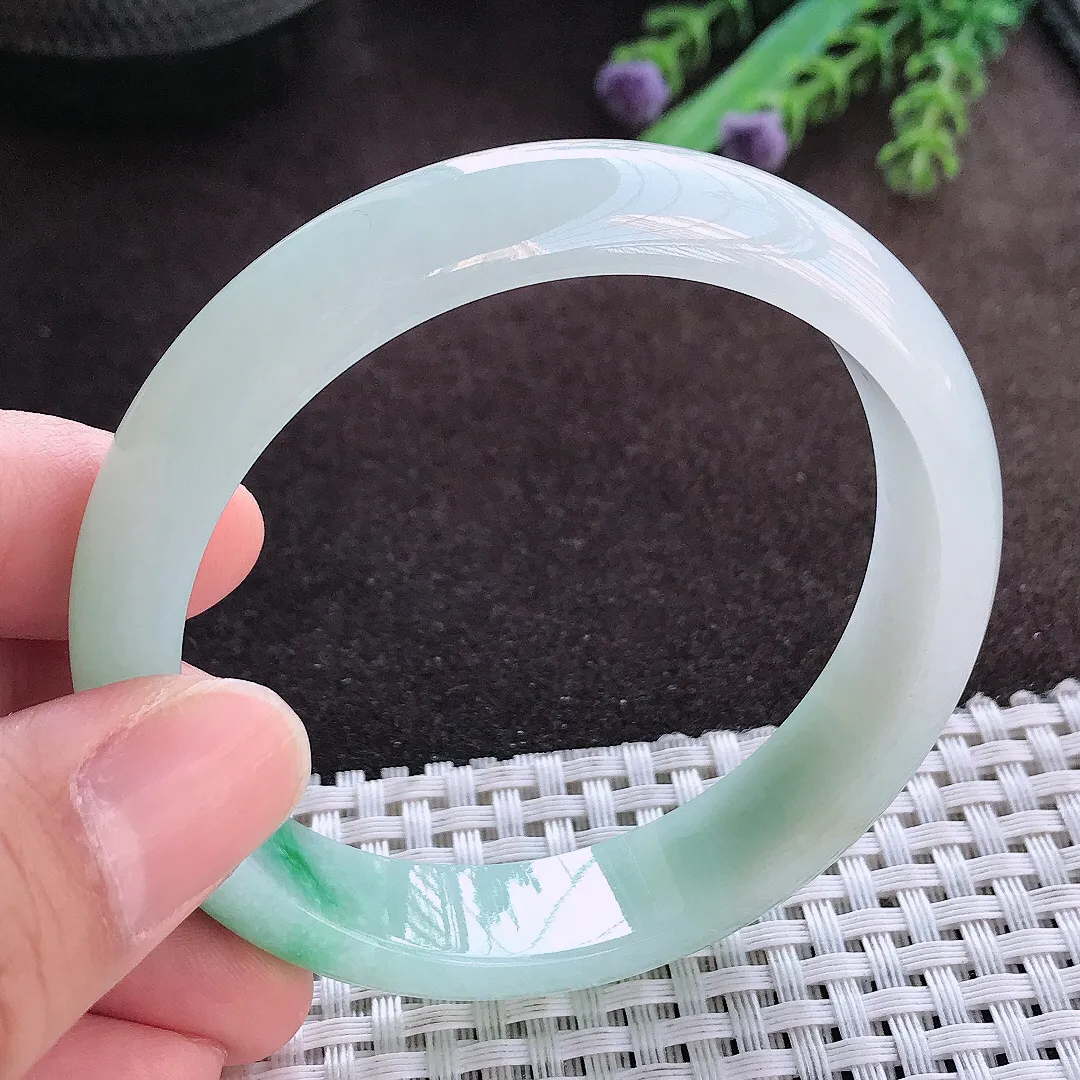 天然A货翡翠56.5/12.8/7.2老坑冰润起胶飘花手镯宽边玉手镯