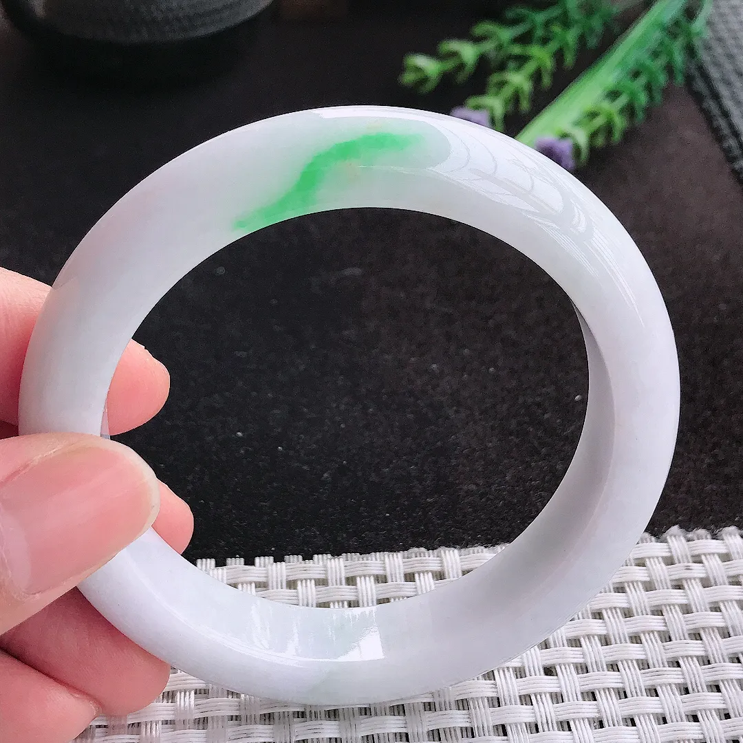 天然A货翡翠57.8/12.7/9.3老坑精美温润飘阳绿手镯宽边玉手镯