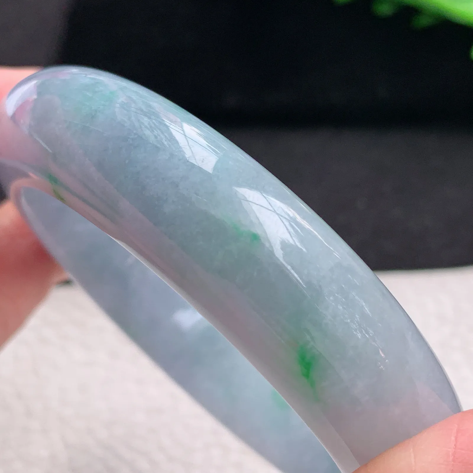 z自然光54.5*15*9.5轮胎镯 缅甸翡翠a货玉手镯春带彩水润宽边玉手环