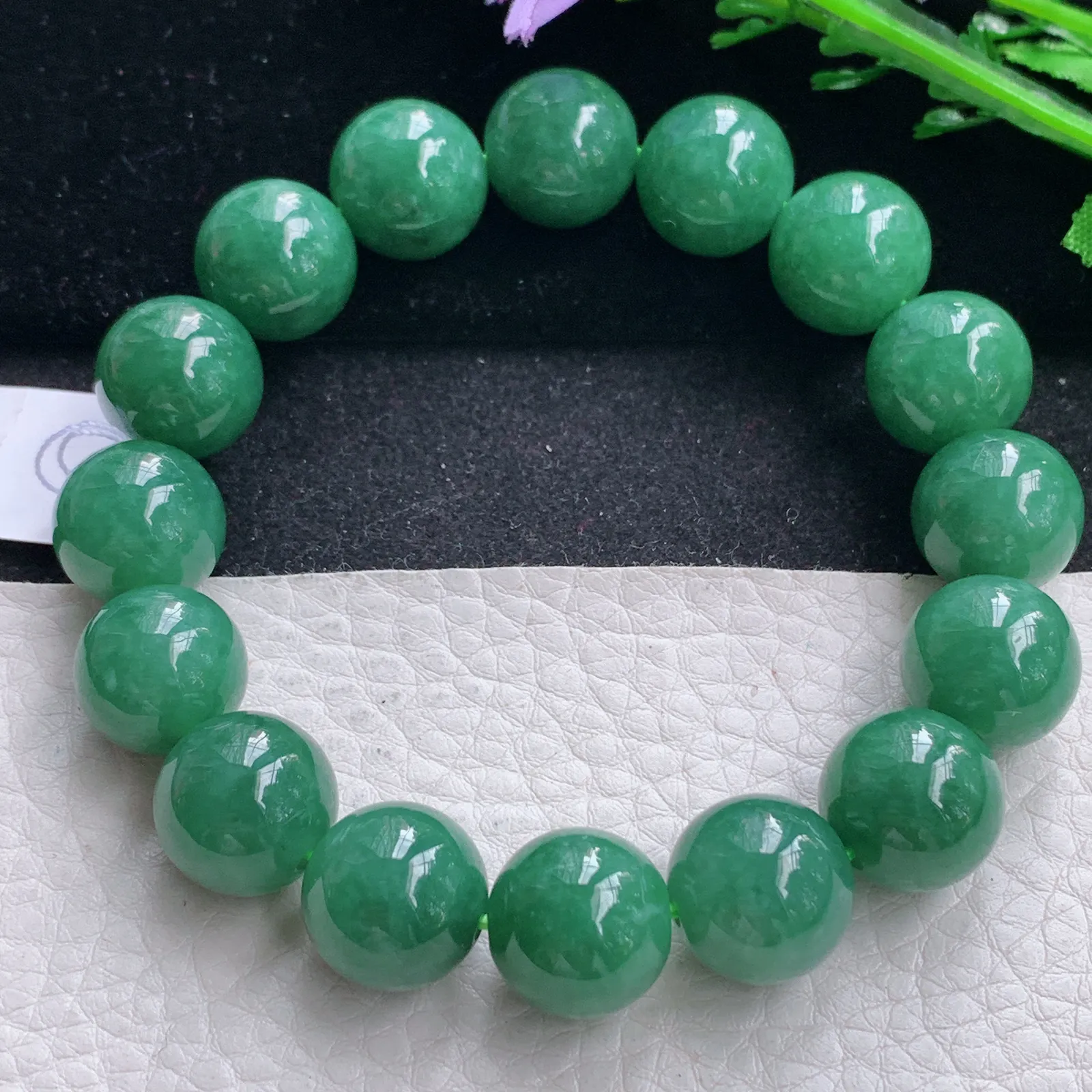 ss自然光14mm天然缅甸翡翠a货满绿水润圆珠玉手链  玉手串 16颗