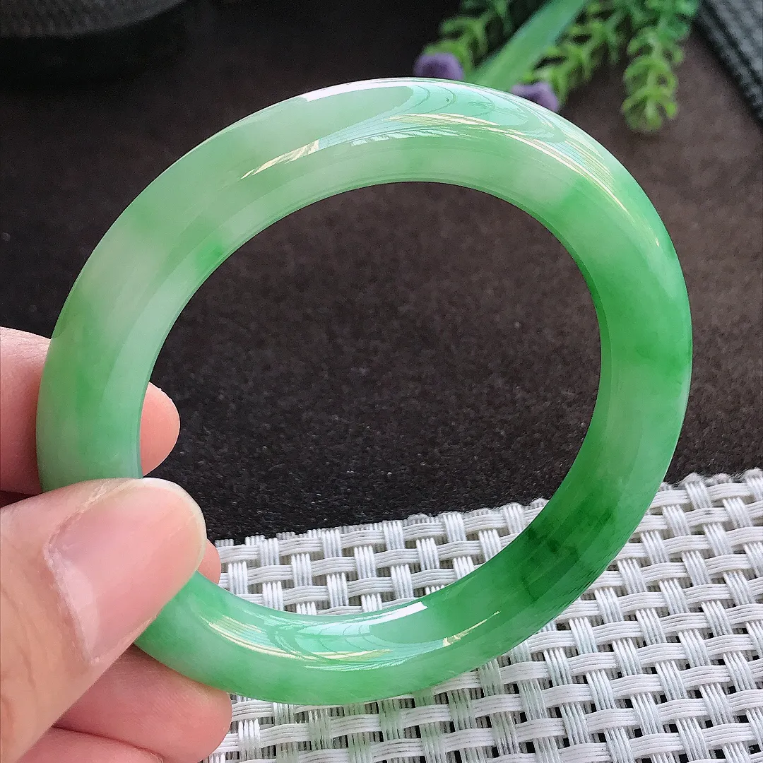 天然A货翡翠52.5/9.3/9.9老坑精美冰润辣阳绿满绿圆条手镯玉手镯