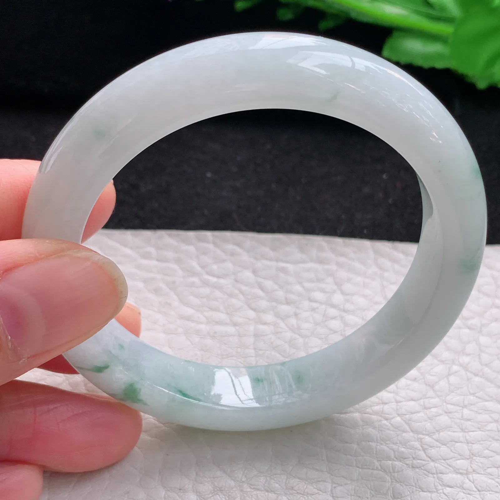 hf自然光53.5*11.3*8.5平安镯 缅甸翡翠a货玉手镯冰飘花清爽宽边玉手环