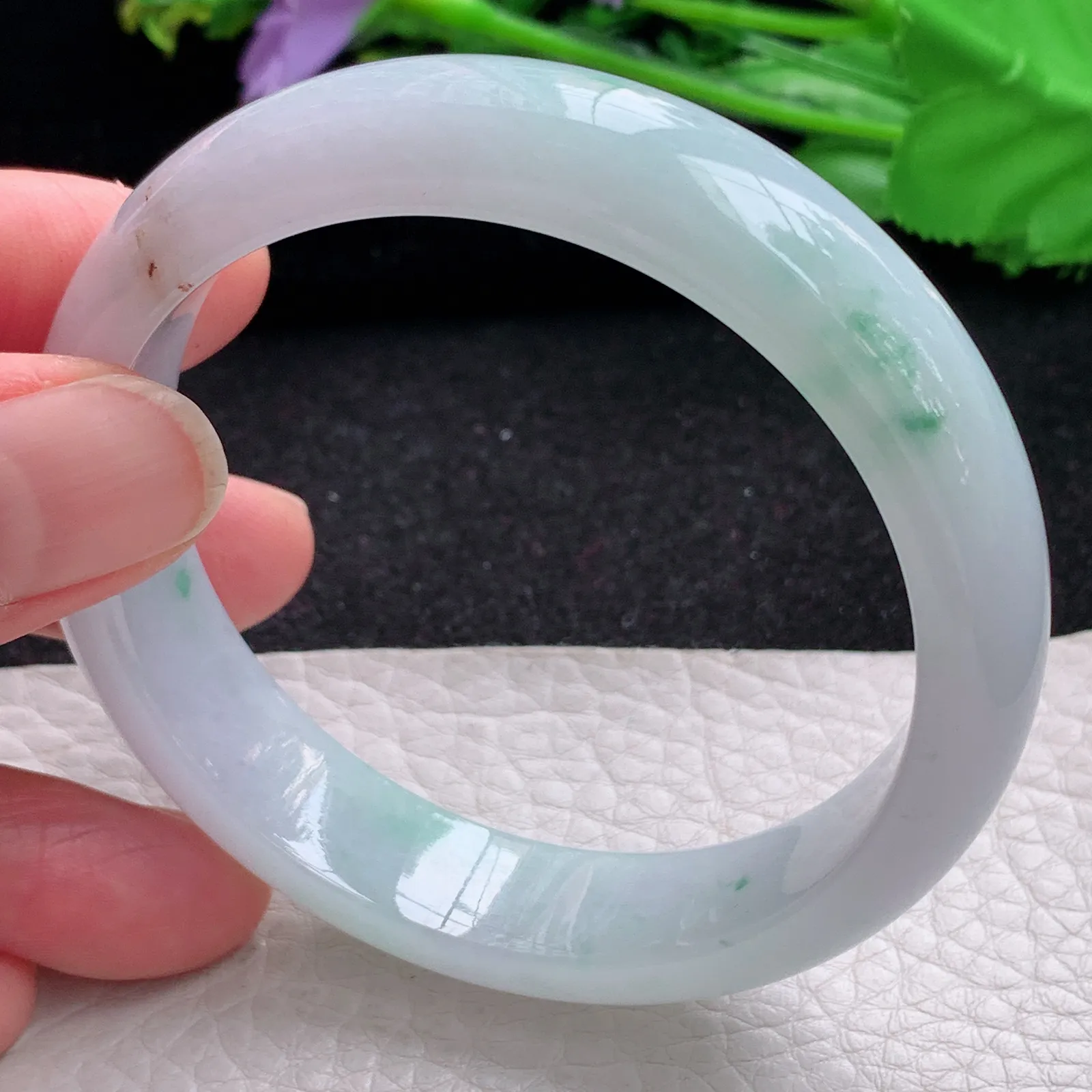 yh自然光56.5*13.3*7.2平安镯 缅甸翡翠a货玉手镯冰飘花宽边玉手环