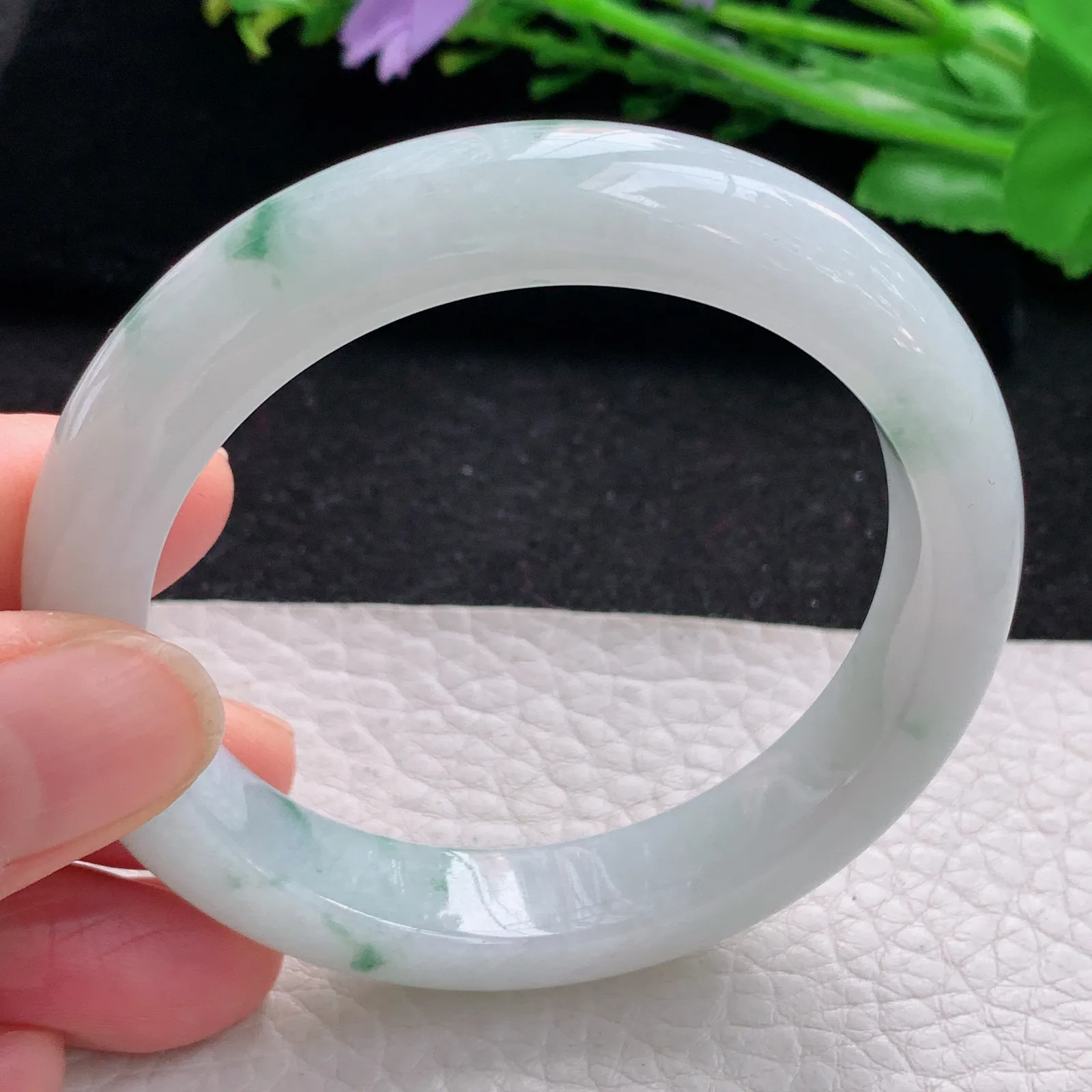 hf自然光53.5*11.3*8.5平安镯 缅甸翡翠a货玉手镯冰飘花清爽宽边玉手环