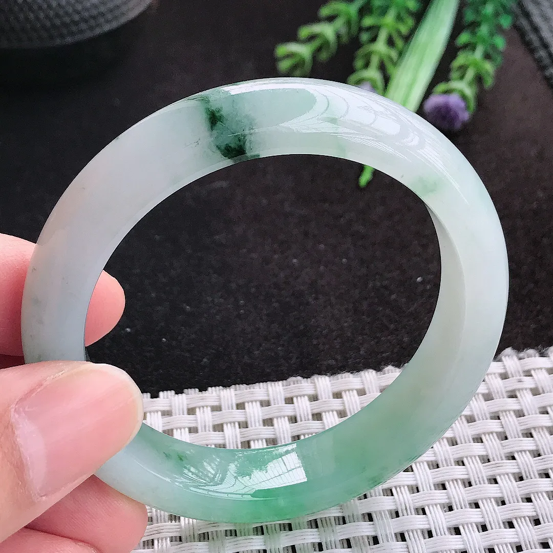 天然A货翡翠52/12.3/8.2老坑冰胶果冻冰飘花手镯宽边玉手镯