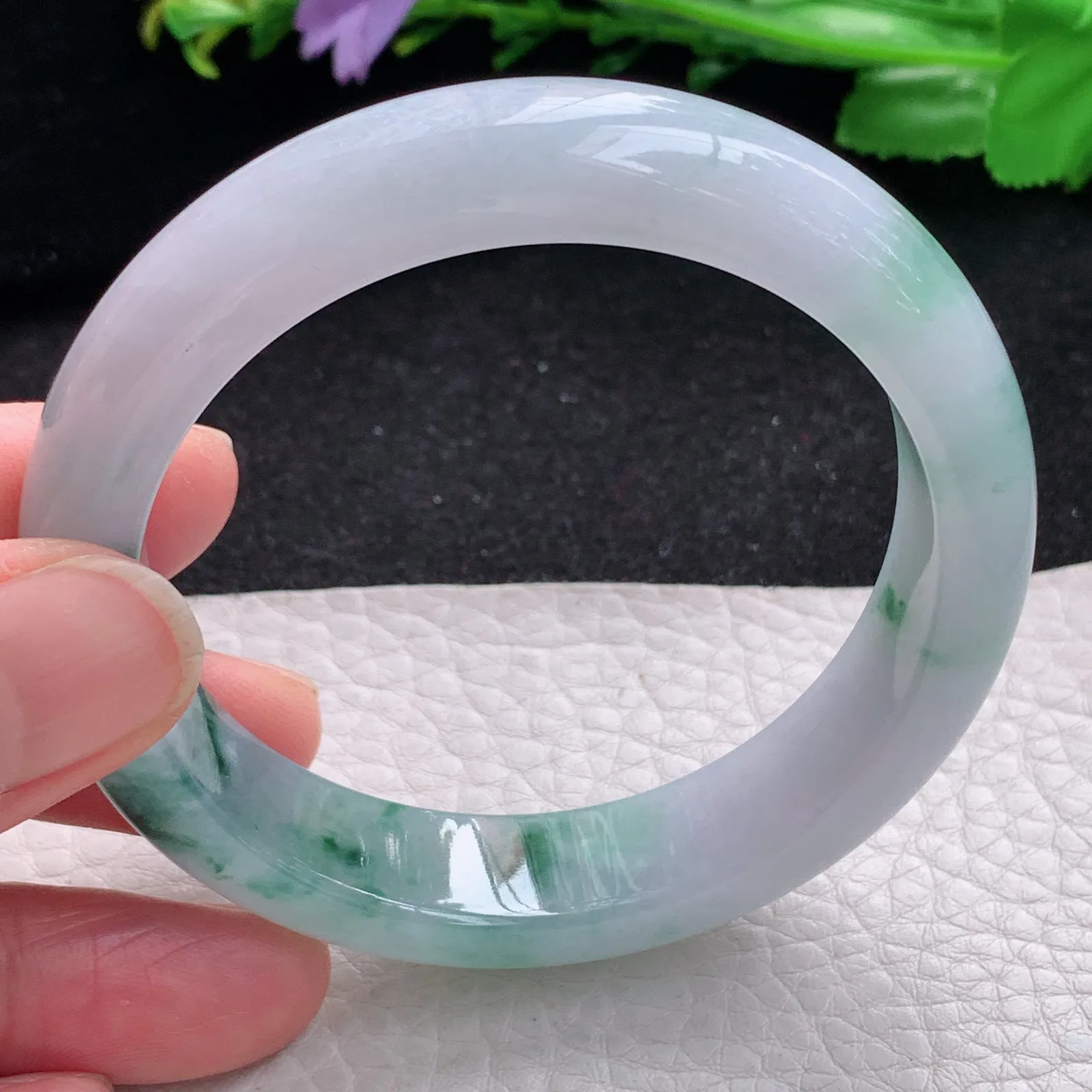 mq自然光55*13.3*8平安镯 缅甸翡翠a货玉手镯冰飘花宽边玉手环