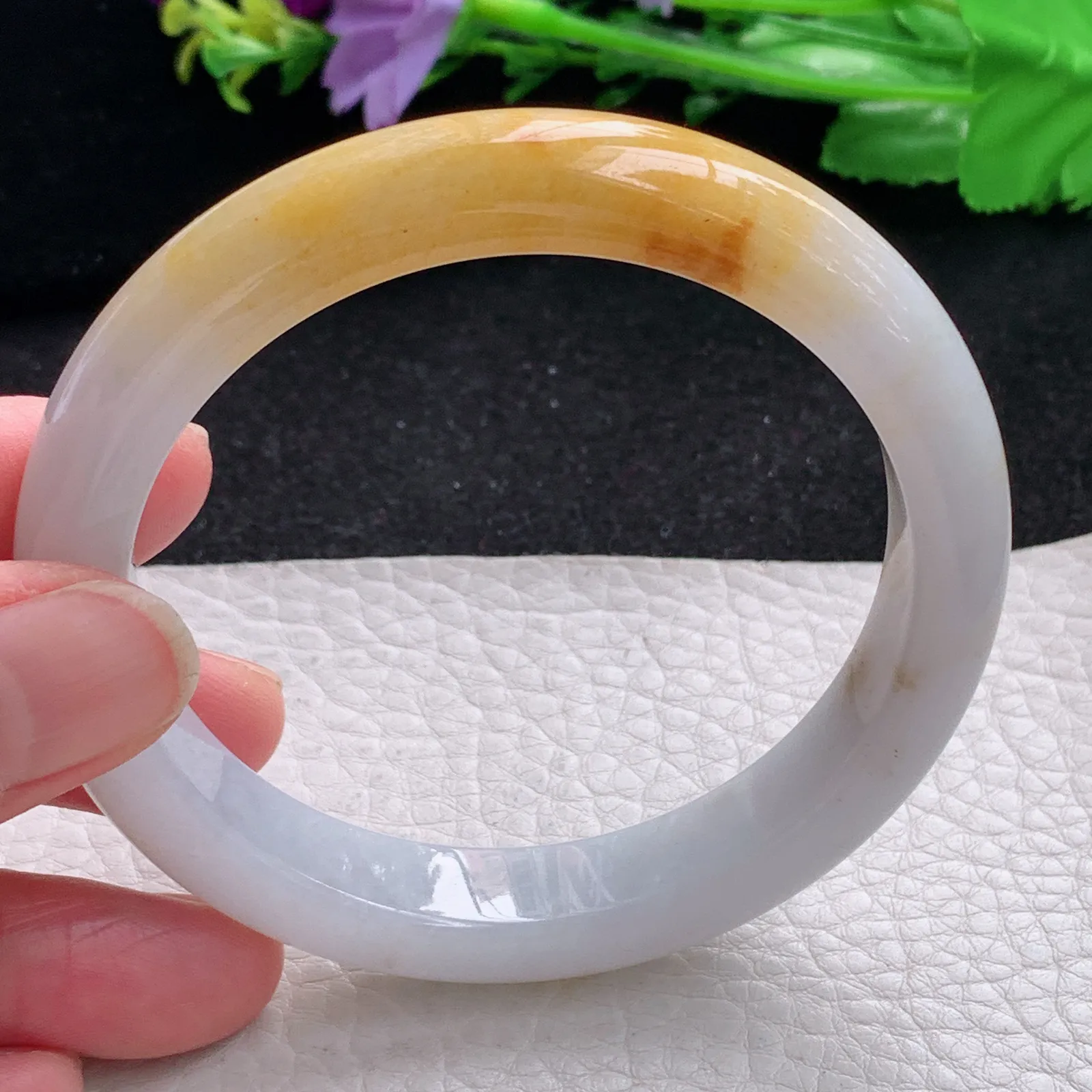 mq自然光58.5*11.5*8.5招财镯 缅甸翡翠a货玉手镯双彩水润宽边玉手环