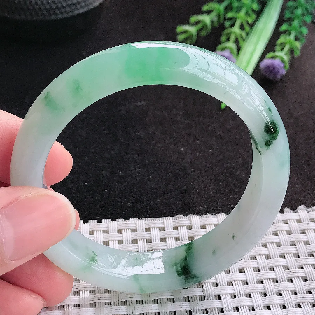 天然A货翡翠52/12.3/8.2老坑冰胶果冻冰飘花手镯宽边玉手镯