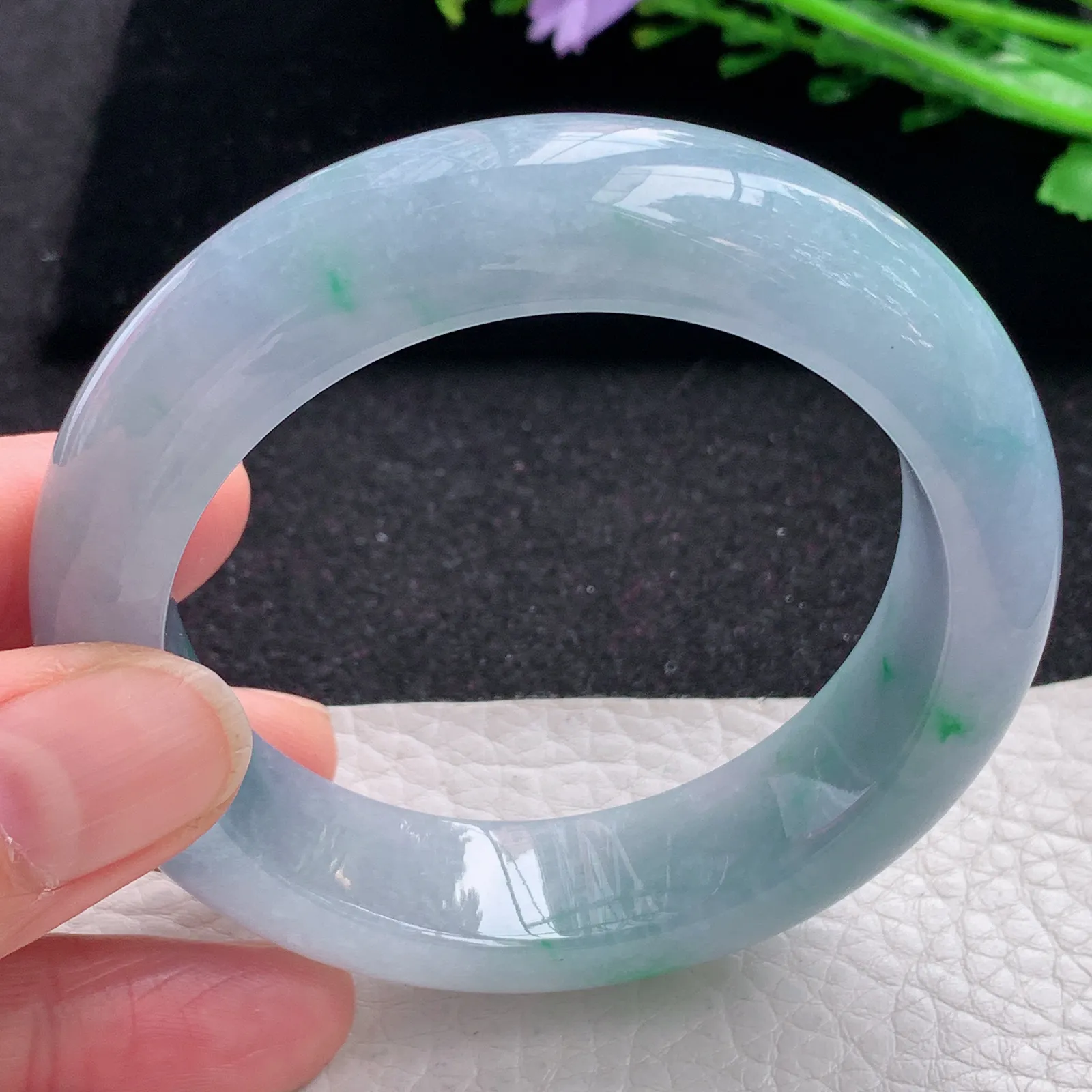 z自然光54.5*15*9.5轮胎镯 缅甸翡翠a货玉手镯春带彩水润宽边玉手环