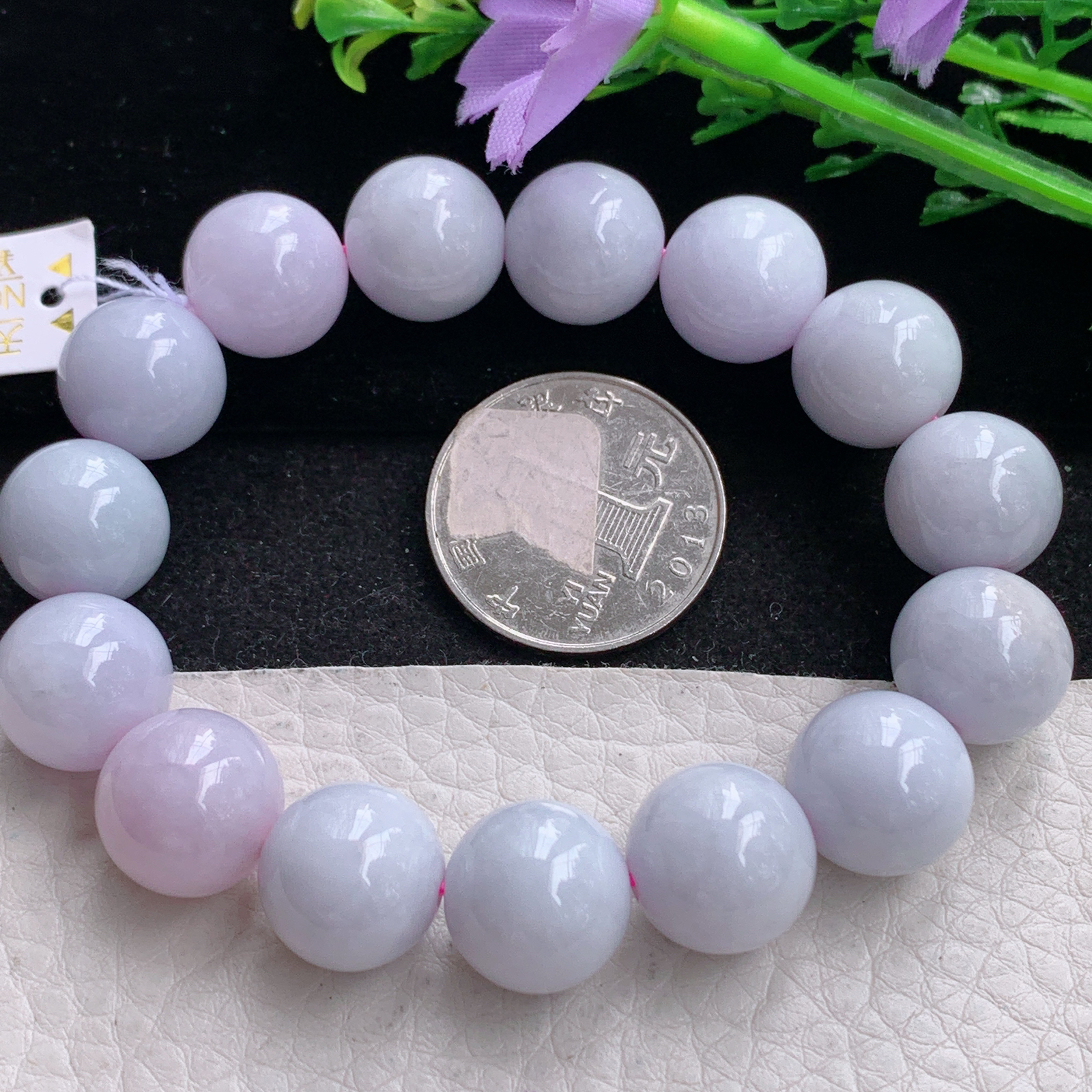 ss自然光13.3mm天然缅甸翡翠a货淡紫水润圆珠玉手链  玉手串