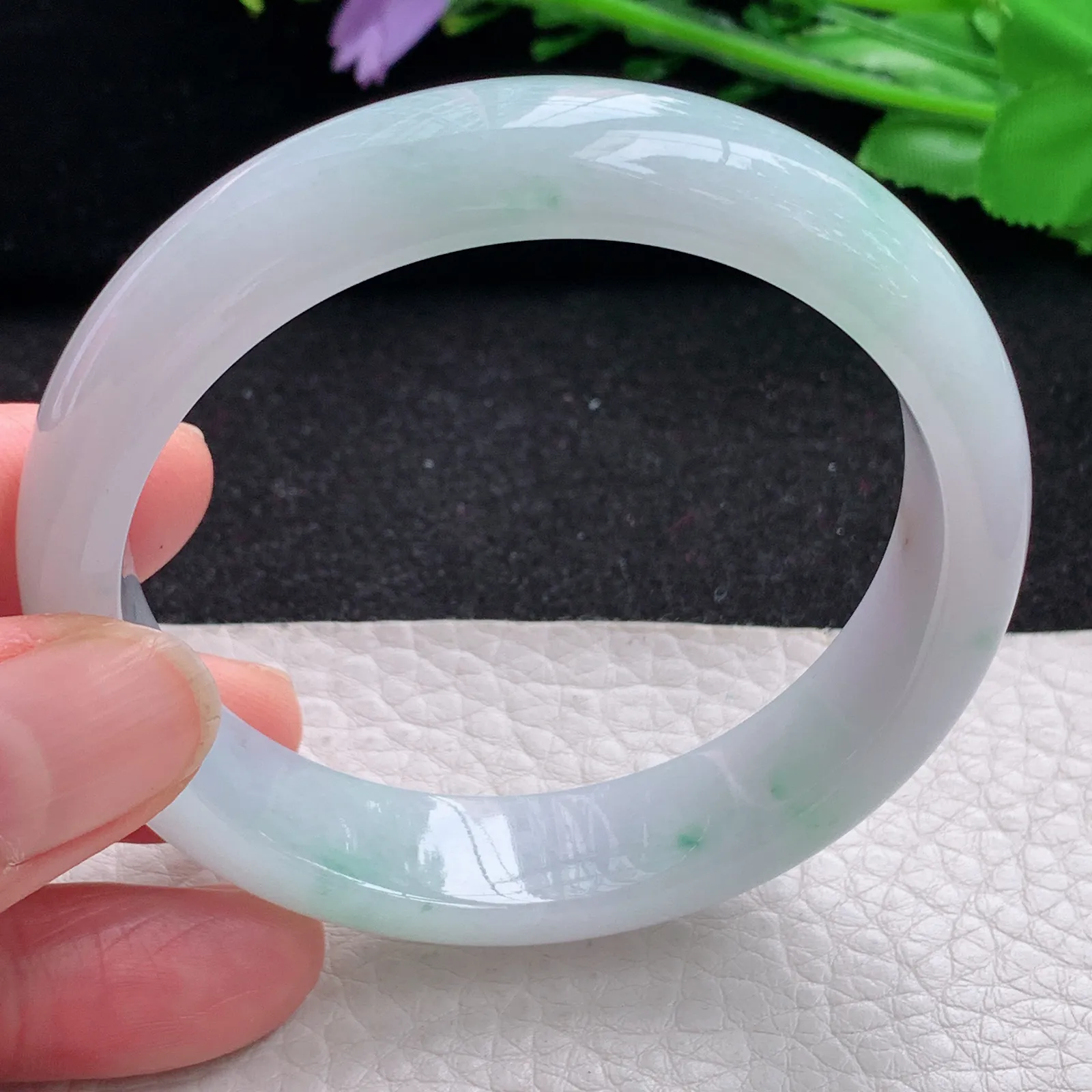 yh自然光56.5*13.3*7.2平安镯 缅甸翡翠a货玉手镯冰飘花宽边玉手环