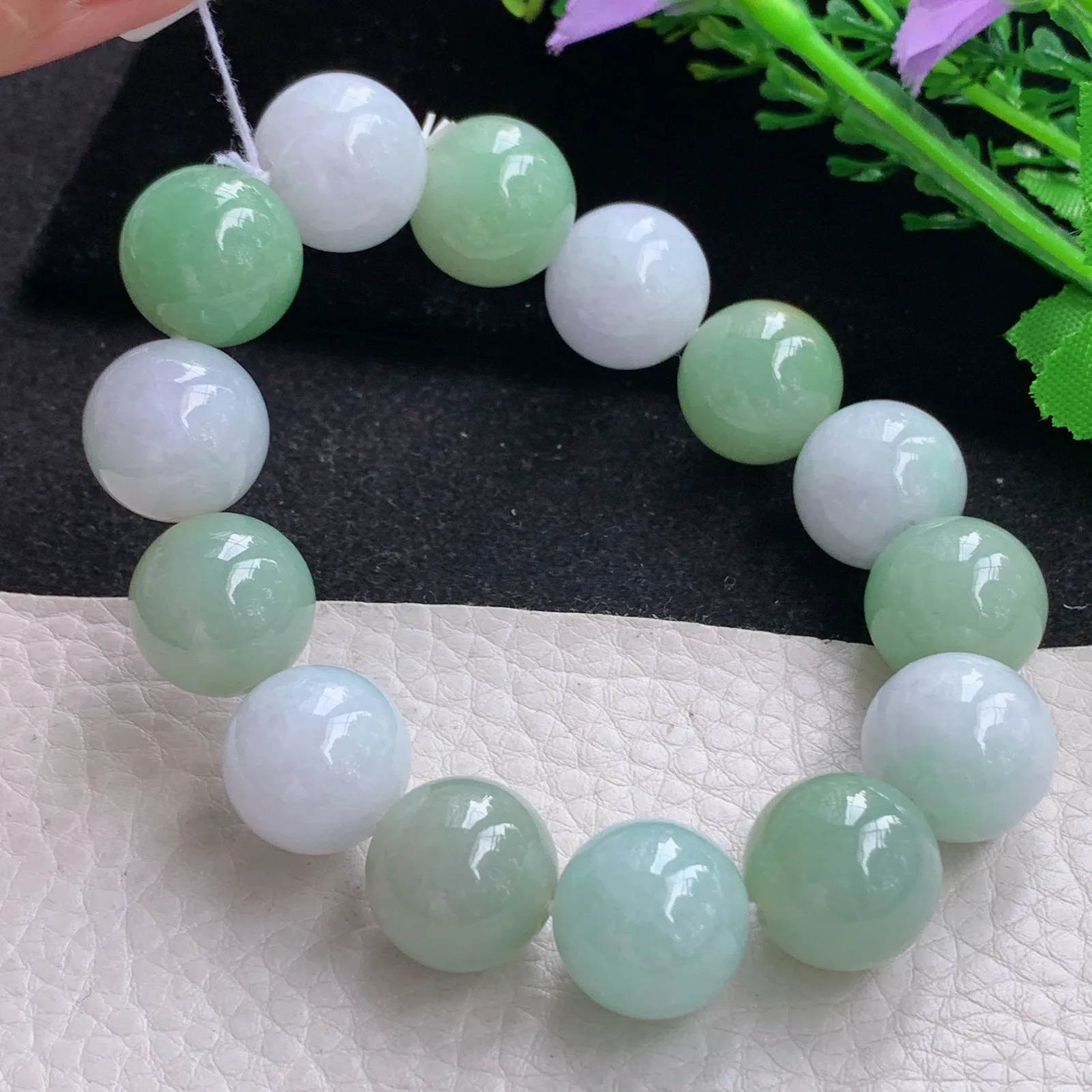 ss自然光15.4mm天然缅甸翡翠双彩大颗粒15.4mm圆珠玉手链  玉手串 14颗