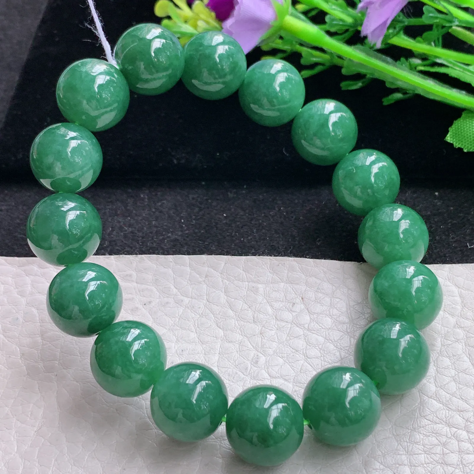 ss自然光14mm天然缅甸翡翠a货满绿水润圆珠玉手链  玉手串 16颗