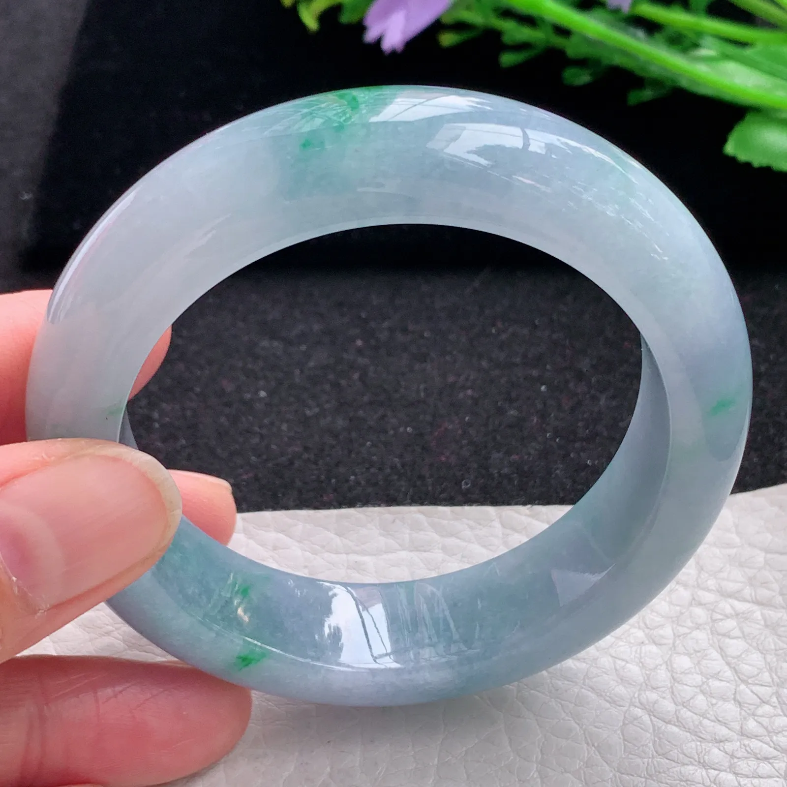 z自然光54.5*15*9.5轮胎镯 缅甸翡翠a货玉手镯春带彩水润宽边玉手环