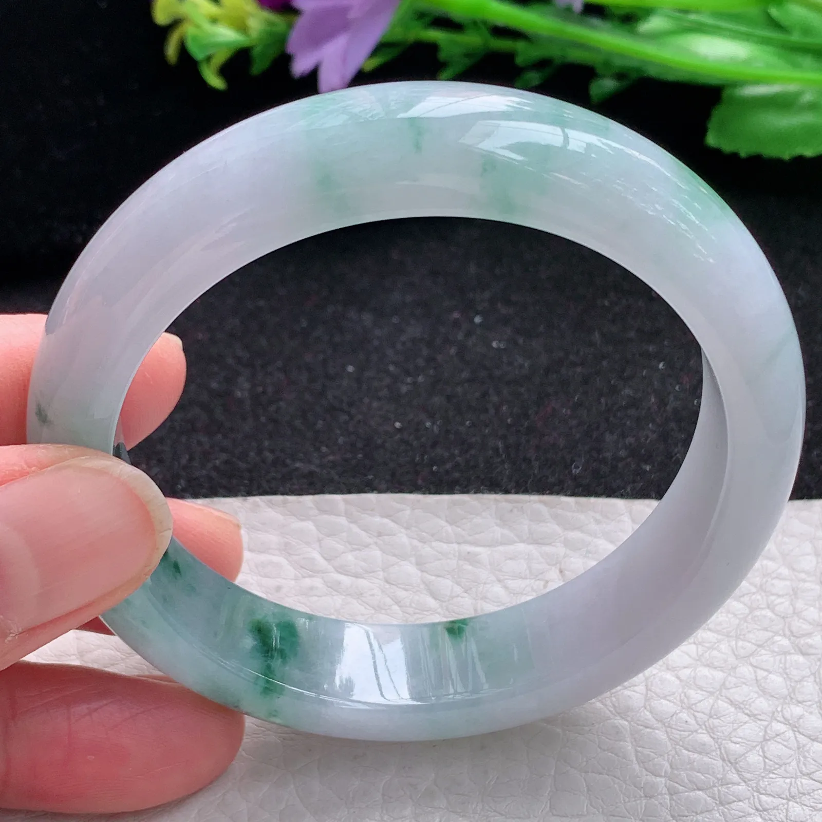 mq自然光55*13.3*8平安镯 缅甸翡翠a货玉手镯冰飘花宽边玉手环