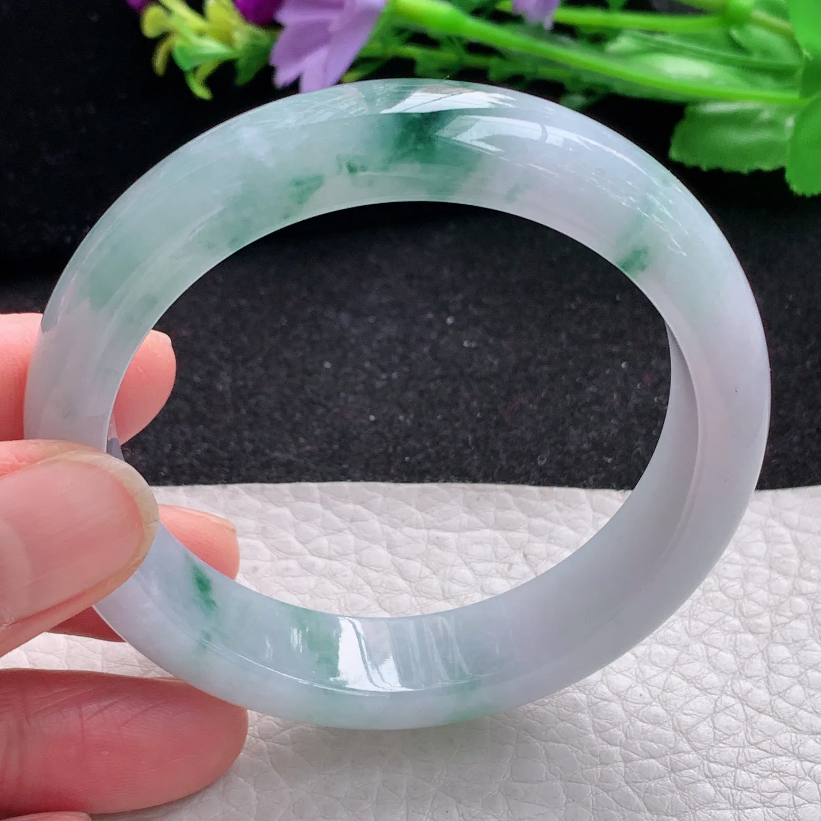 mq自然光55*13.3*8平安镯 缅甸翡翠a货玉手镯冰飘花宽边玉手环