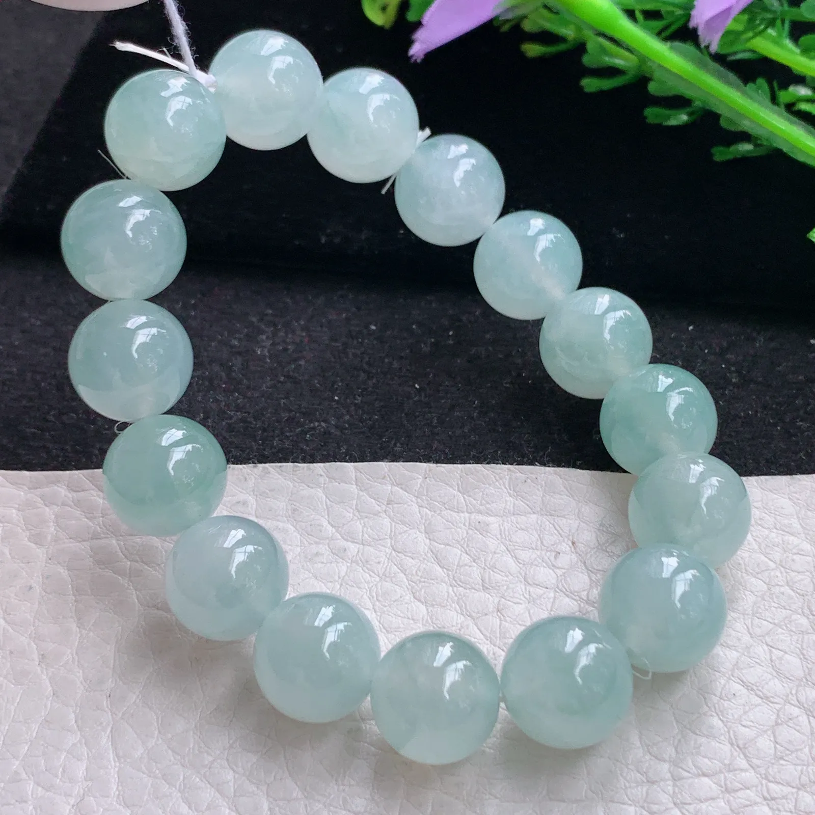 ss自然光12.6mm天然缅甸翡翠冰透晴水圆珠玉手链  玉手串 16颗