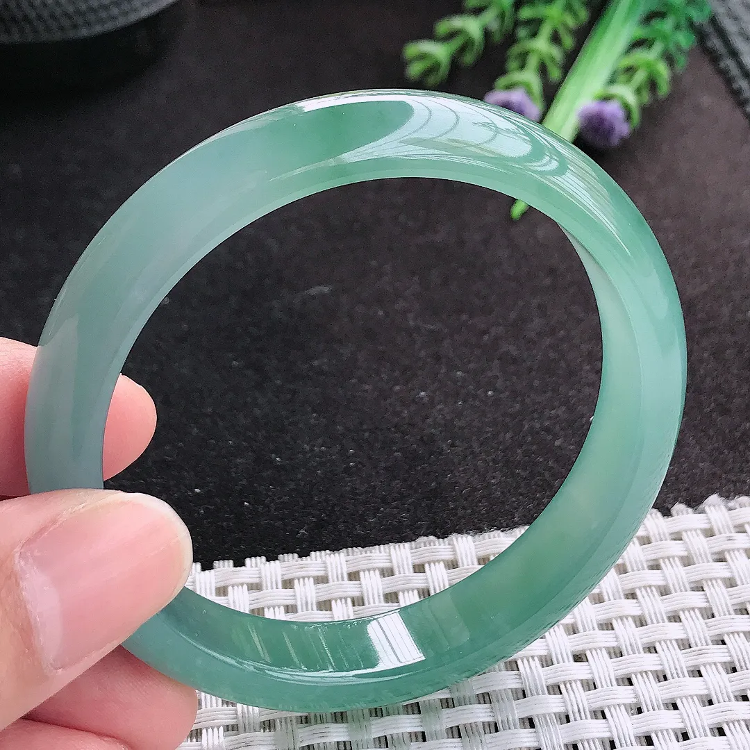 天然A货翡翠57/11.8/7.3老坑冰胶果冻满色冰蓝手镯宽边玉手镯