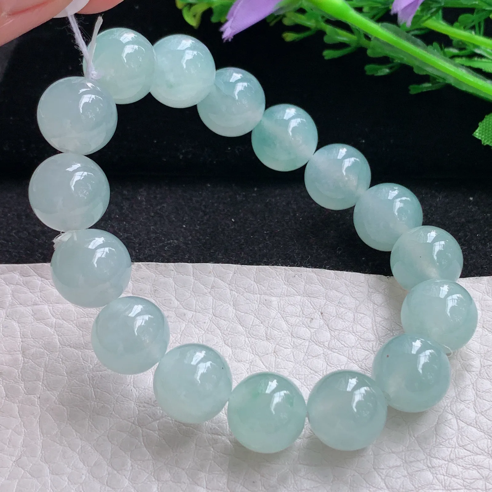 ss自然光12.6mm天然缅甸翡翠冰透晴水圆珠玉手链  玉手串 16颗