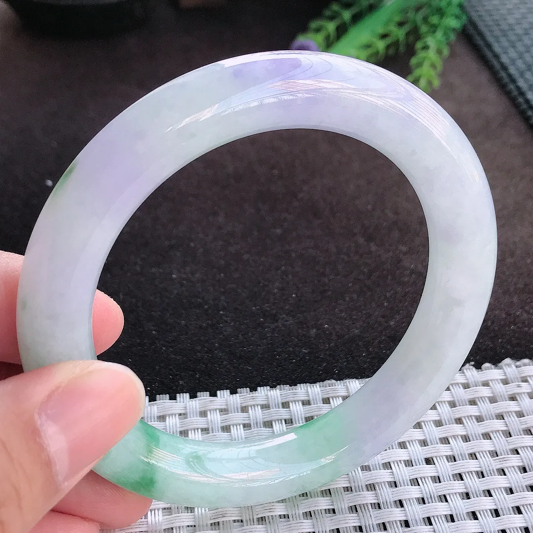 天然A货翡翠58/10.9/10.7老坑精美冰润春带彩圆条手镯玉手镯