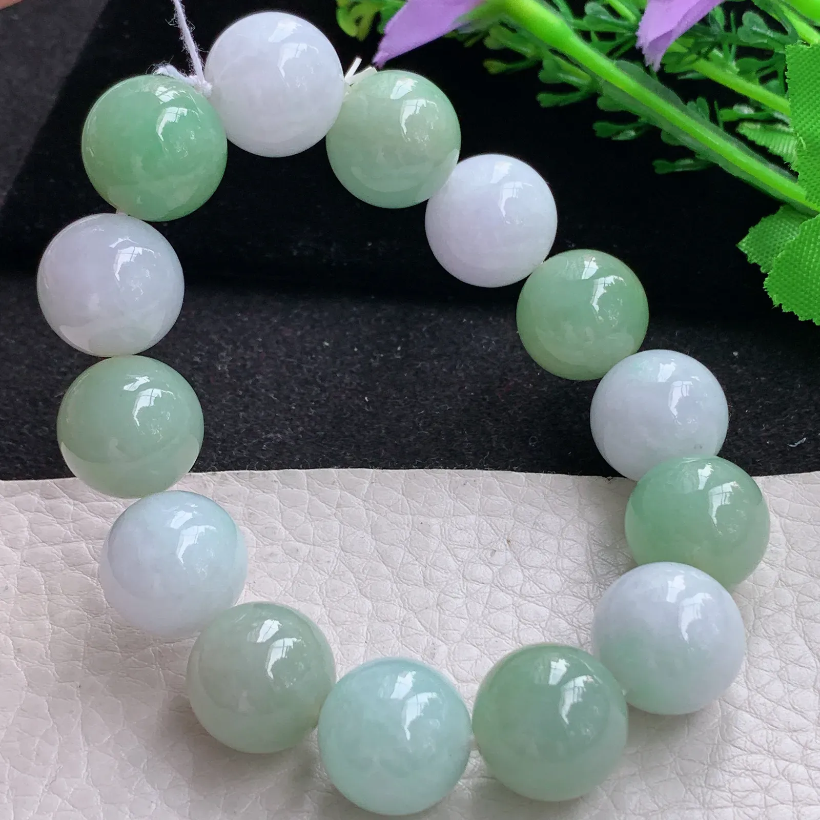 ss自然光15.4mm天然缅甸翡翠双彩大颗粒15.4mm圆珠玉手链  玉手串 14颗