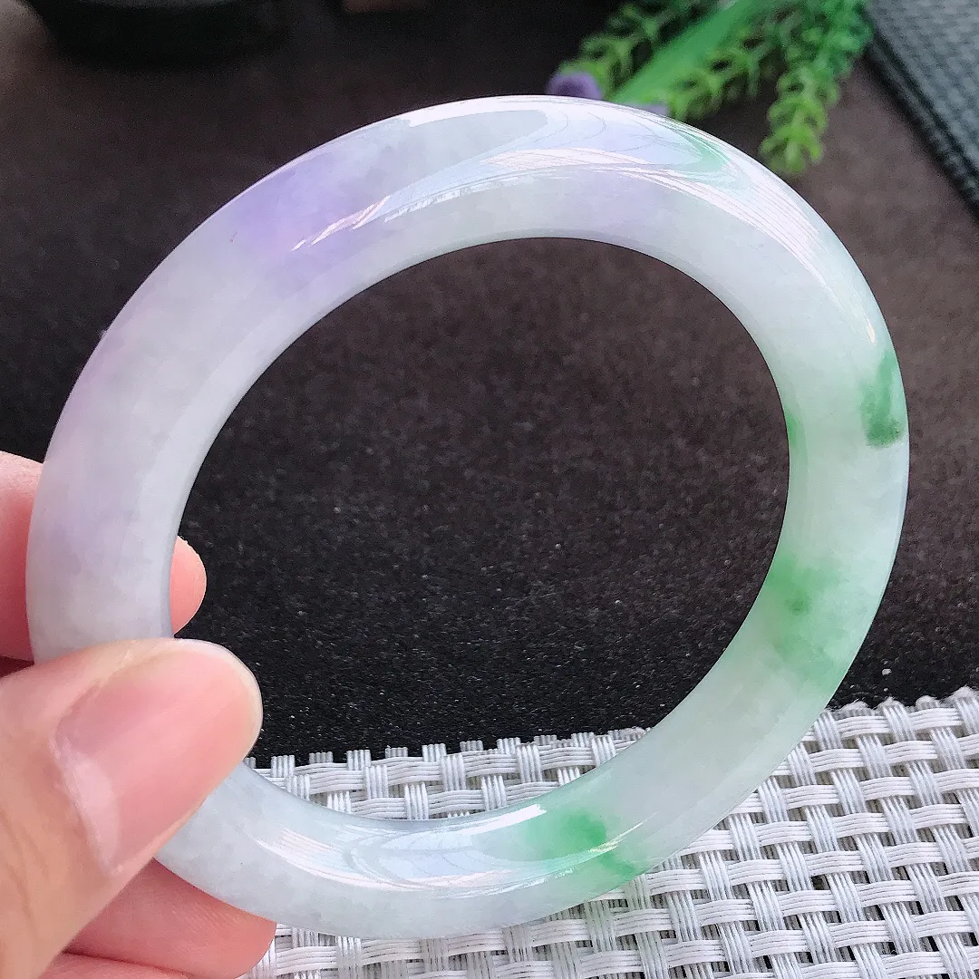 天然A货翡翠58/10.9/10.7老坑精美冰润春带彩圆条手镯玉手镯