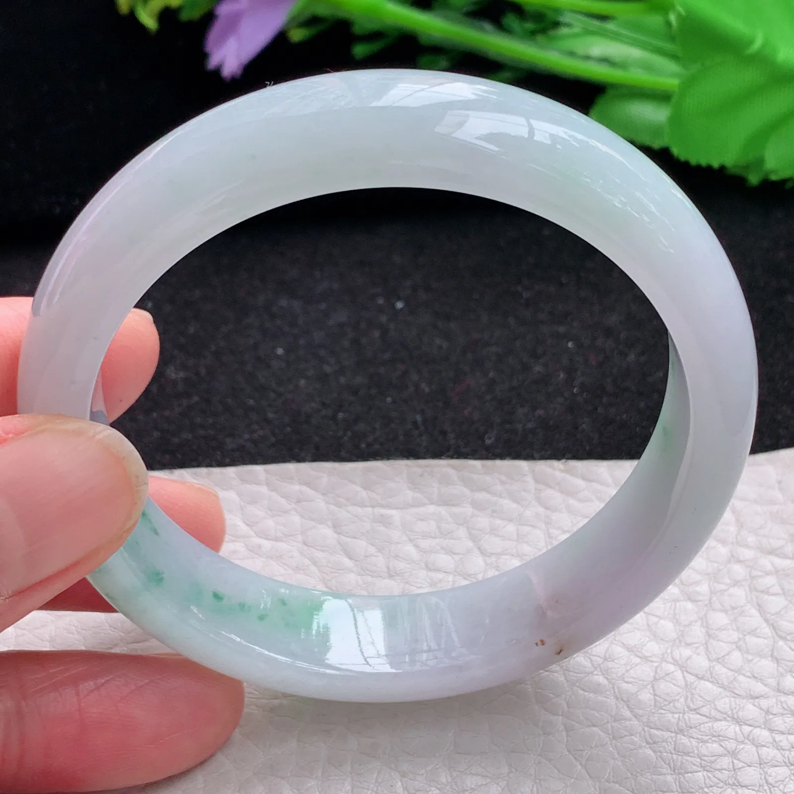 yh自然光56.5*13.3*7.2平安镯 缅甸翡翠a货玉手镯冰飘花宽边玉手环