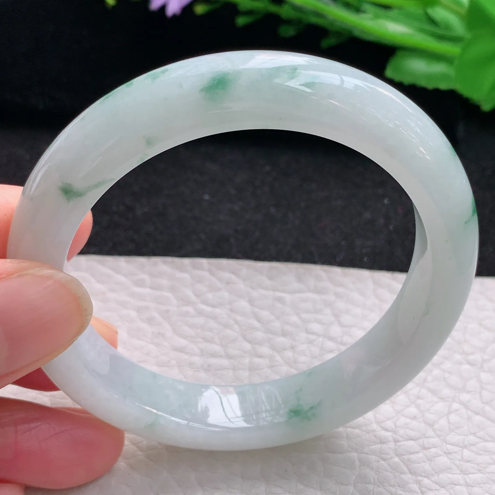 hf自然光53.5*11.3*8.5平安镯 缅甸翡翠a货玉手镯冰飘花清爽宽边玉手环