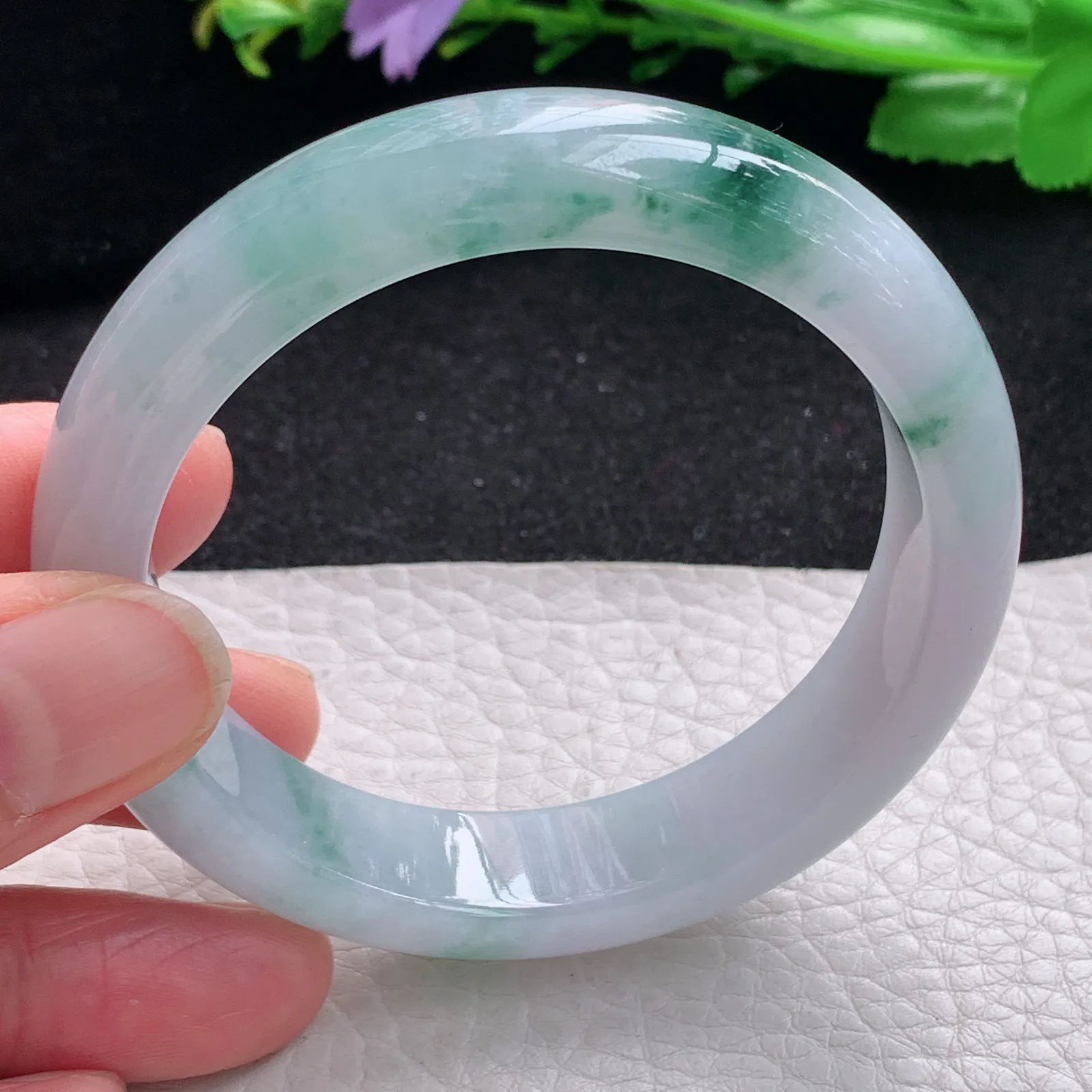 mq自然光55*13.3*8平安镯 缅甸翡翠a货玉手镯冰飘花宽边玉手环