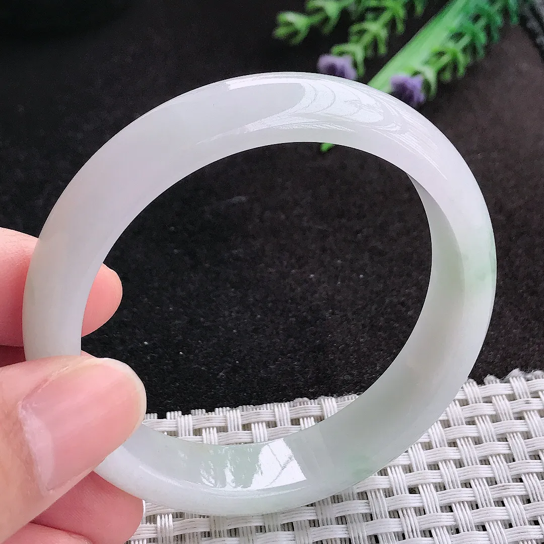 天然A货翡翠54.5/12.9/7.3老坑秀气冰润飘花手镯宽边玉手镯